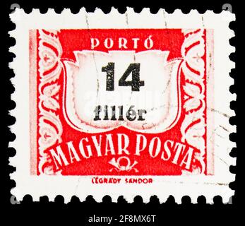 MOSCOU, RUSSIE - 30 SEPTEMBRE 2019: Timbre-poste imprimé en Hongrie montre Postage due, 14, série hongroise, vers 1965 Banque D'Images