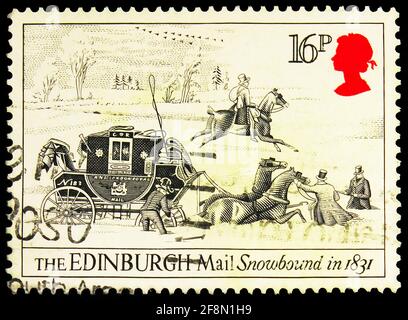 MOSCOU, RUSSIE - 30 SEPTEMBRE 2019: Timbre-poste imprimé au Royaume-Uni montre Edinburgh Mail Snowbound, 1831, Service postal série Bath-London, c Banque D'Images