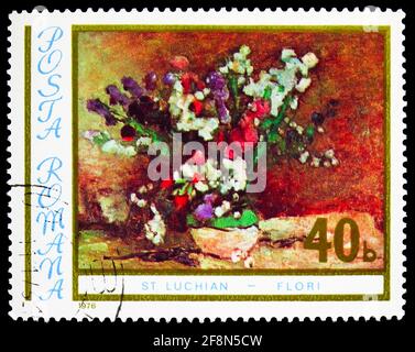 MOSCOU, RUSSIE - 4 OCTOBRE 2019: Timbre-poste imprimé en Roumanie montre arrangement de fleurs, peintures de série Stefan Luchian, vers 1976 Banque D'Images