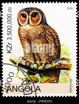 MOSCOU, RUSSIE - 30 SEPTEMBRE 2019 : le timbre-poste imprimé en Angola montre Owl Lear, série, vers 2000 Banque D'Images