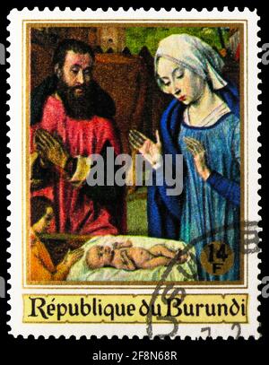 MOSCOU, RUSSIE - 30 SEPTEMBRE 2019: Timbre-poste imprimé au Burundi montre Nativité, 14 Fbu - franc burundais, série de Noël, vers 1967 Banque D'Images