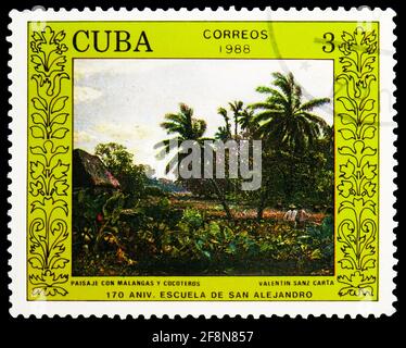 MOSCOU, RUSSIE - 30 SEPTEMBRE 2019 : timbre-poste imprimé à Cuba montre Paysage, par Valentin Sanz Carta, 170 ans de l'Académie d'Art San Alejandro Banque D'Images