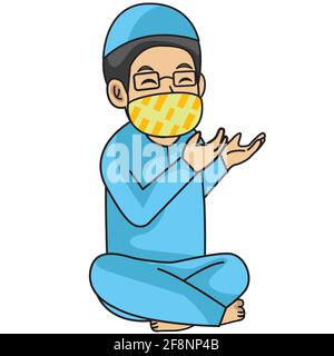 Homme musulman ou père utiliser chemise bleue, priant en iftar. nuit de ramadan, en utilisant le masque et le protocole sain.Illustration de caractère vectoriel. Illustration de Vecteur