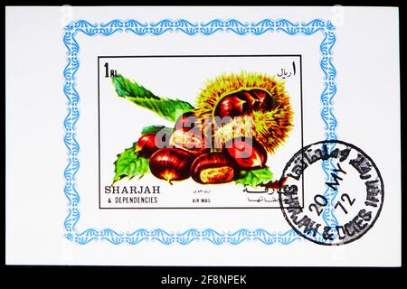 MOSCOU, RUSSIE - 5 OCTOBRE 2019 : timbre-poste imprimé à Sharjah montre le châtaigne, série de fruits, vers 1972 Banque D'Images