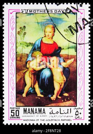 MOSCOU, RUSSIE - 5 OCTOBRE 2019: Timbre-poste imprimé à Manama (Bahreïn) montre Madonna de la finie dorée, peintures de la série Raphaël, vers 1970 Banque D'Images