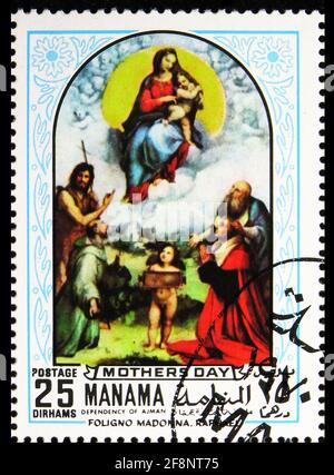 MOSCOU, RUSSIE - 5 OCTOBRE 2019: Timbre-poste imprimé à Manama (Bahreïn) montre Madonna of Foligno, peintures de la série Raphaël, vers 1970 Banque D'Images