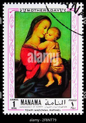 MOSCOU, RUSSIE - 5 OCTOBRE 2019: Timbre-poste imprimé à Manama (Bahreïn) montre Madonna Tempi, peintures de la série Raphaël, vers 1970 Banque D'Images