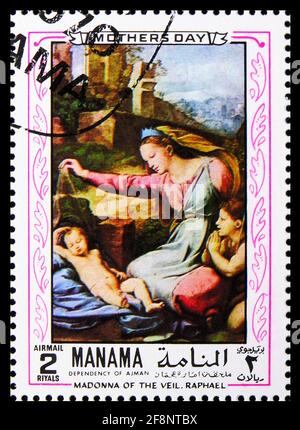MOSCOU, RUSSIE - 5 OCTOBRE 2019: Timbre-poste imprimé à Manama (Bahreïn) montre Madonna du voile, peintures de la série Raphaël, vers 1970 Banque D'Images
