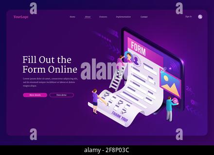 Formulaire en ligne remplir la page de renvoi isométrique, l'enquête en ligne, les personnes minuscules à l'énorme ordinateur avec le questionnaire ou la feuille de papier d'examen sur l'écran, les résultats de questionnaire ou de test Internet 3d vecteur Web bannière Illustration de Vecteur