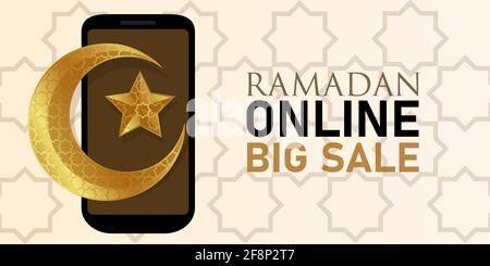 Ramadan en ligne grande vente smartphone mobile vente discount Islam croissant lune Illustration de Vecteur