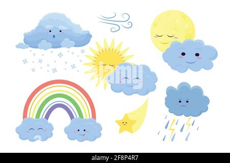 De jolies icônes météo sont présentées dans un style de dessin animé plat, isolé sur fond blanc. Illustration vectorielle du soleil, de la pluie, de la tempête, de la neige, du vent, lune, étoile, arc-en-ciel. F Illustration de Vecteur