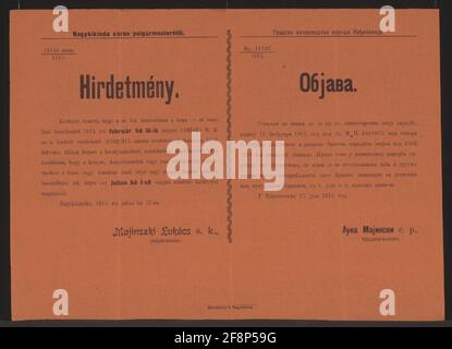 Ordonnance sur la composition du lobby de la farine de pain - Kunst - Nagykikinda - affiche multilingue le pire roi. Le ministère s'est élevé au règlement sur la protection de la farine de blé et de seigle - la limitation selon laquelle la farine de blé ou de seigle n'est mélangée qu'avec de l'orge ou de la semoule de maïs mélangée avec le 1er juillet de l'année en cours - à Nagykikinda, le 17. Juillet 1915 - GEZ. Lukács Majinszki, Maire - 11143./1915. Banque D'Images