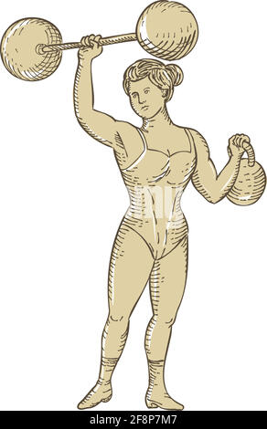 Gravure vintage de style artisanal illustration d'un homme fort féminin ou bien une femme de cirque qui a soulevé la barbell d'une main et kettlebell Illustration de Vecteur