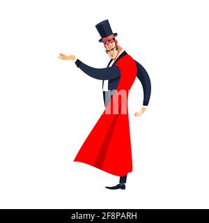 Showman. Jeune homme animateur, présentateur ou acteur sur scène. Le gars dans le manteau rouge et le cylindre. Illustration vectorielle de dessin animé isolée sur un Illustration de Vecteur