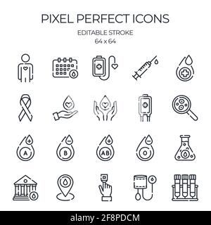 Les icônes de contour modifiables associées aux dons de sang et aux tests sanguins sont isolées sur l'illustration vectorielle d'arrière-plan blanc. Pixel parfait. 64 x 64. Illustration de Vecteur