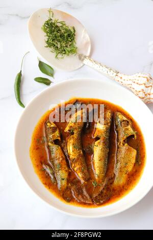 Curry de poisson indien. Curry de poisson blanc à base de mangue séchée et d'épices indiennes. Également connu sous le nom de curry de poisson de Boi. Copy space. Banque D'Images