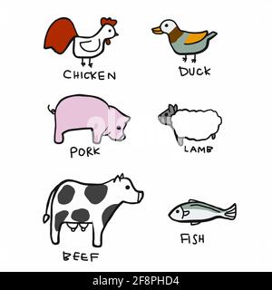 illustration vectorielle de l'ensemble de dessins animés de viande animale Illustration de Vecteur