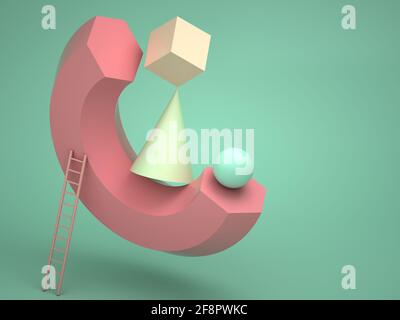 Résumé installation de la vie fixe, faisant léviter les formes géométriques colorées et l'échelle. illustration du rendu 3d Banque D'Images