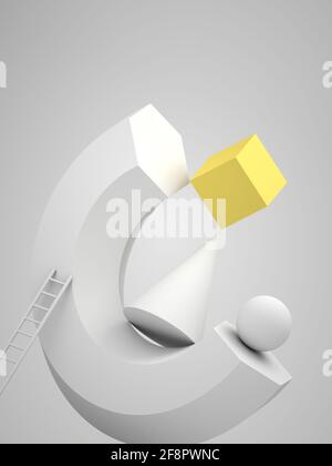 Résumé installation à vie fixe, lévitant les formes géométriques blanches, échelle et cube jaune. Illustration du rendu 3d vertical Banque D'Images