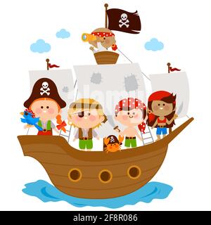 Pirate enfants, garçons et filles naviguant sur un bateau pirate dans la mer. Mignons enfants pirates de dessins animés sur un bateau dans l'océan. Banque D'Images