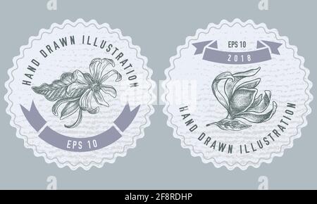 Conception d'étiquettes monochromes avec illustration de champak Illustration de Vecteur