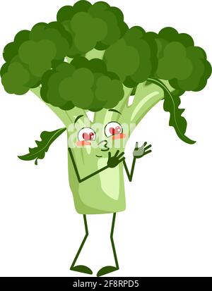 Le joli personnage de brocoli tombe amoureux des yeux, des coeurs, des bras et des jambes. Le drôle ou sourire héros, légumes verts ou chou Illustration de Vecteur