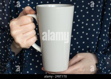 Maquette de tasse Latte Coffee. Tasse en céramique dans les mains de femme Banque D'Images