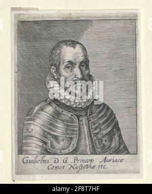 Wilhelm I, prince d'Orania, comte de Nassau Chest, moitié de la droite; Barhaupt, avec moustache, peu de temps solide; barbes MARKAL; Cutter ; en Harning avec bandes décoratives sur les épaulements et les bras. Gravure en cuivre, sans désignation. Légende latine défectueuse vers le bas. Banque D'Images