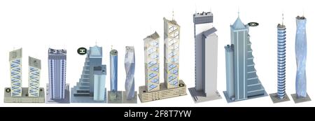 Ensemble de bâtiments futuristes très détaillés avec conception fictive et reflet du ciel bleu - isolé, vue d'oiseaux 3d illustration de l'architecture Banque D'Images