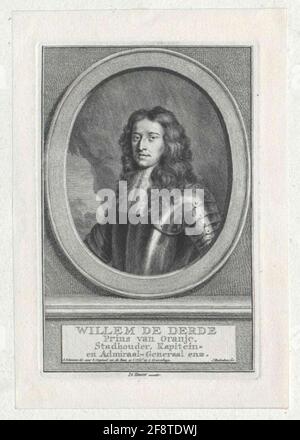 Wilhelm III., prince d'Orania, roi d'Angleterre près de la moitié de la figure, moitié de la gauche; avec perruque d'allon; à Harnic avec haut Jabot; à l'arrière-plan, un rocher brisé, a laissé une vue d'autres paysages; dans un cadre ovale; sur le podium avec hollandais. Légende et latin. Noms dans le champ de rebut clair; extension rectangulaire, ligne de bordure; note d'éditeur Bothed. Gravure en cuivre par Jacobbus Houfrekes selon dessin par Aert Schouman, retour à une peinture originale à la cour dans 's Gravenhage, déplacé par Isaac Tirion. Banque D'Images