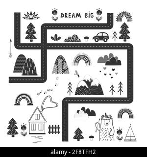 Bream Big, Little One - affiche, tapis ou tapisserie mignons pour enfants de style scandinave. Route, montagnes et bois carte d'aventure. Pépinière monochrome noir et Illustration de Vecteur