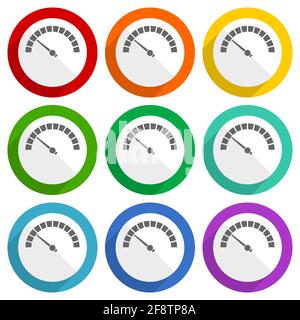 Compteur de vitesse, icônes vectorielles à indicateur rapide, jeu de boutons plats colorés pour la conception Web et les applications mobiles Illustration de Vecteur