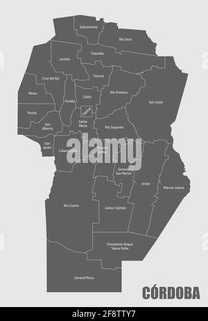 La carte isolée de la province de Cordoue est divisée en départements avec des étiquettes, l'Argentine Illustration de Vecteur