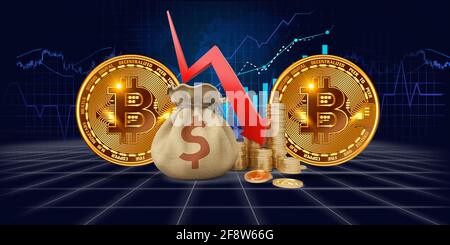 Sac d'argent avec le signe dollar, les pièces numériques bitcoin et une flèche pointant vers le bas. La chute et la crise du marché des crypto-monnaies. Krach boursier Banque D'Images