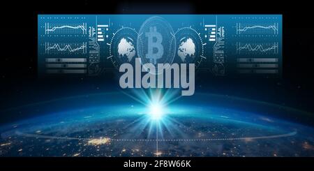 Global bitcoin crypto monnaie technologie futuriste carte du monde illustration abstraite d'arrière-plan. Banque D'Images