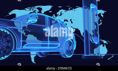 Concept d'électromobilité e-motion. Voiture électrique numérique à la station de charge sur fond de carte du monde, illustration 3D. Banque D'Images