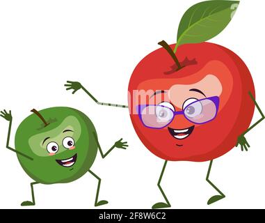 Personnages de pommiers drôles grand-mère et petit-fils, bras et jambes. Le héros drôle ou heureux, les fruits verts et rouges Illustration de Vecteur