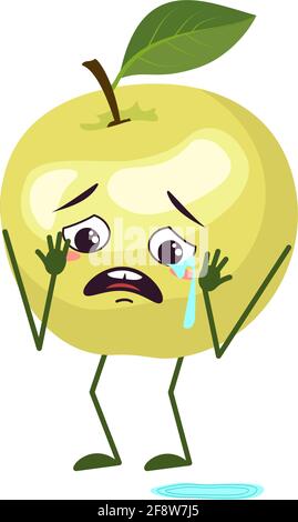 Personnages de pommes mignons avec des pleurs et des larmes émotions, visage, bras et jambes. Le drôle ou triste héros, fruit vert Illustration de Vecteur