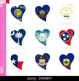 Сollection des drapeaux de l'Etat américain en forme de coeur. 9 icône en forme de coeur avec drapeau d'état de l'Oregon, de la Pennsylvanie, du Rhode Island, de la Caroline du Sud, du Dakota du Sud Illustration de Vecteur