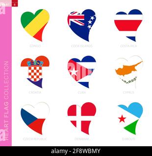 Сollection des drapeaux en forme de coeur. 9 icône en forme de coeur avec drapeau du pays Congo, Iles Cook, Costa Rica, Croatie, Cuba, Chypre, République tchèque, Illustration de Vecteur