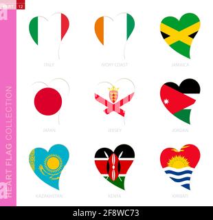 Сollection des drapeaux en forme de coeur. 9 icône en forme de coeur avec drapeau du pays Italie, Côte d'Ivoire, Jamaïque, Japon, Jersey, Jordanie, Kazakhstan, Kenya, Illustration de Vecteur