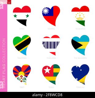 Сollection des drapeaux en forme de coeur. 9 icône en forme de coeur avec drapeau du pays Syrie, Taïwan, Tadjikistan, Tanzanie, Thaïlande, Bahamas, Tibet, Togo Illustration de Vecteur