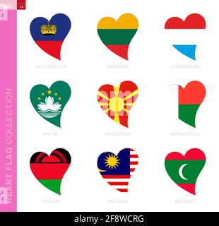 Сollection des drapeaux en forme de coeur. 9 icône en forme de coeur avec drapeau du pays Liechtenstein, Lituanie, Luxembourg, Macao, Macédoine, Madagascar, mal Illustration de Vecteur
