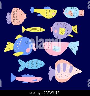 Ensemble de dessins animés de la vie marine - poissons de couleur vive Illustration de Vecteur