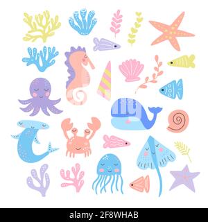 Set - baleine, poulpe, crabe, méduse, poisson, algues Illustration de Vecteur