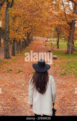 LA JEUNE FEMME ASIATIQUE SE PROMÈNE À TRAVERS LA FORÊT EN AUTOMNE Banque D'Images