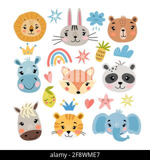 Ensemble de visages de dessins animés des animaux, des fruits, des arcs-en-ciel Illustration de Vecteur