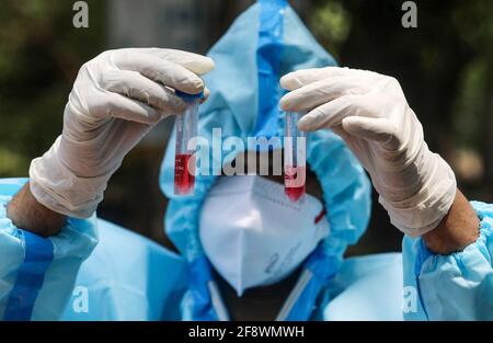 New Delhi, Inde. 15 avril 2021. Un professionnel de la santé portant un équipement de protection individuelle (EPI) tient des flacons de test après avoir prélevé des échantillons d'écouvillons buccaux pour le test de réaction en chaîne de la polymérase (RT-PCR) de transcription inverse Covid-19 à l'extérieur du centre commercial DT City Centre.l'Inde a enregistré 200,739 nouveaux cas d'infection par Covid-19 au cours des dernières 24 heures et 1,038 décès. (Photo par Naveen Sharma/SOPA Images/Sipa USA) crédit: SIPA USA/Alay Live News Banque D'Images