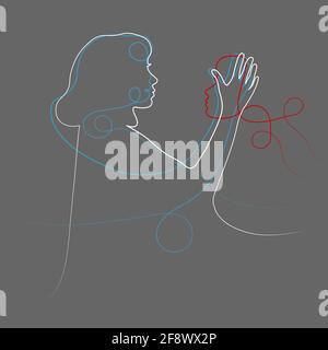 Masque factice et visage de femme illustration continue de vecteur de ligne sur arrière-plan gris Illustration de Vecteur