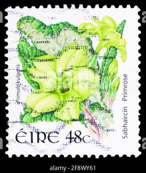 MOSCOU, RUSSIE - 1 OCTOBRE 2019: Timbre-poste imprimé en Irlande montre Primrose - Primula vulgaris, série de définitions de fleurs sauvages, vers 2004 Banque D'Images